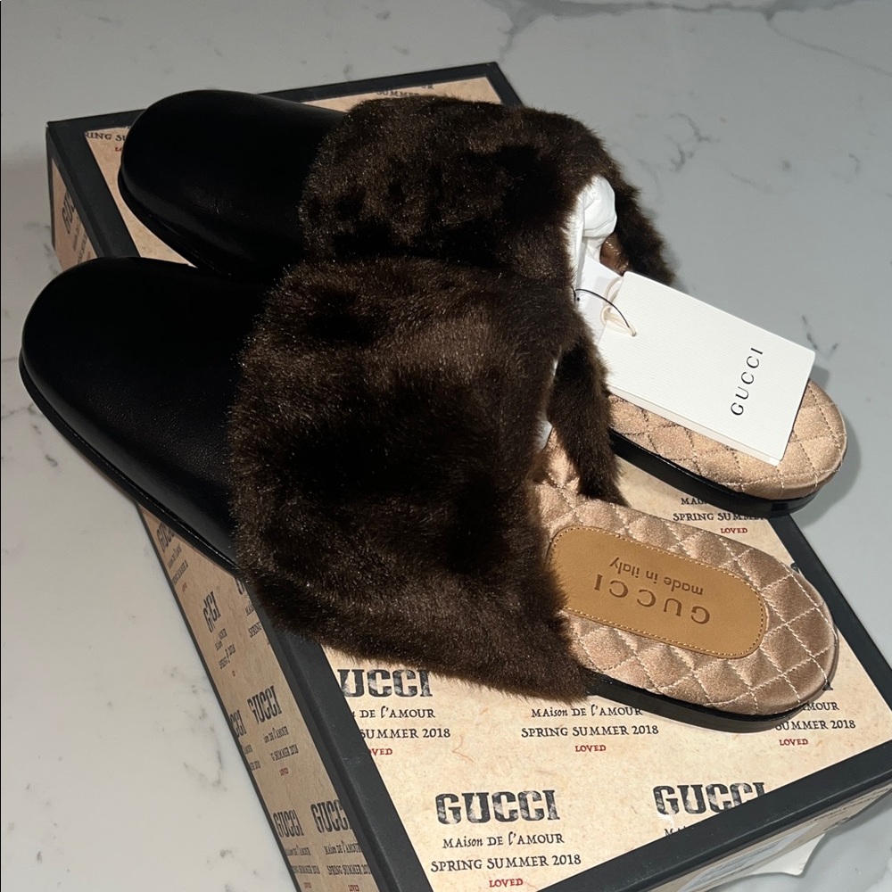 Gucci Black Faux Fur Mule Slide Slipper Loafer Spring Summer 2018 M9 / W11